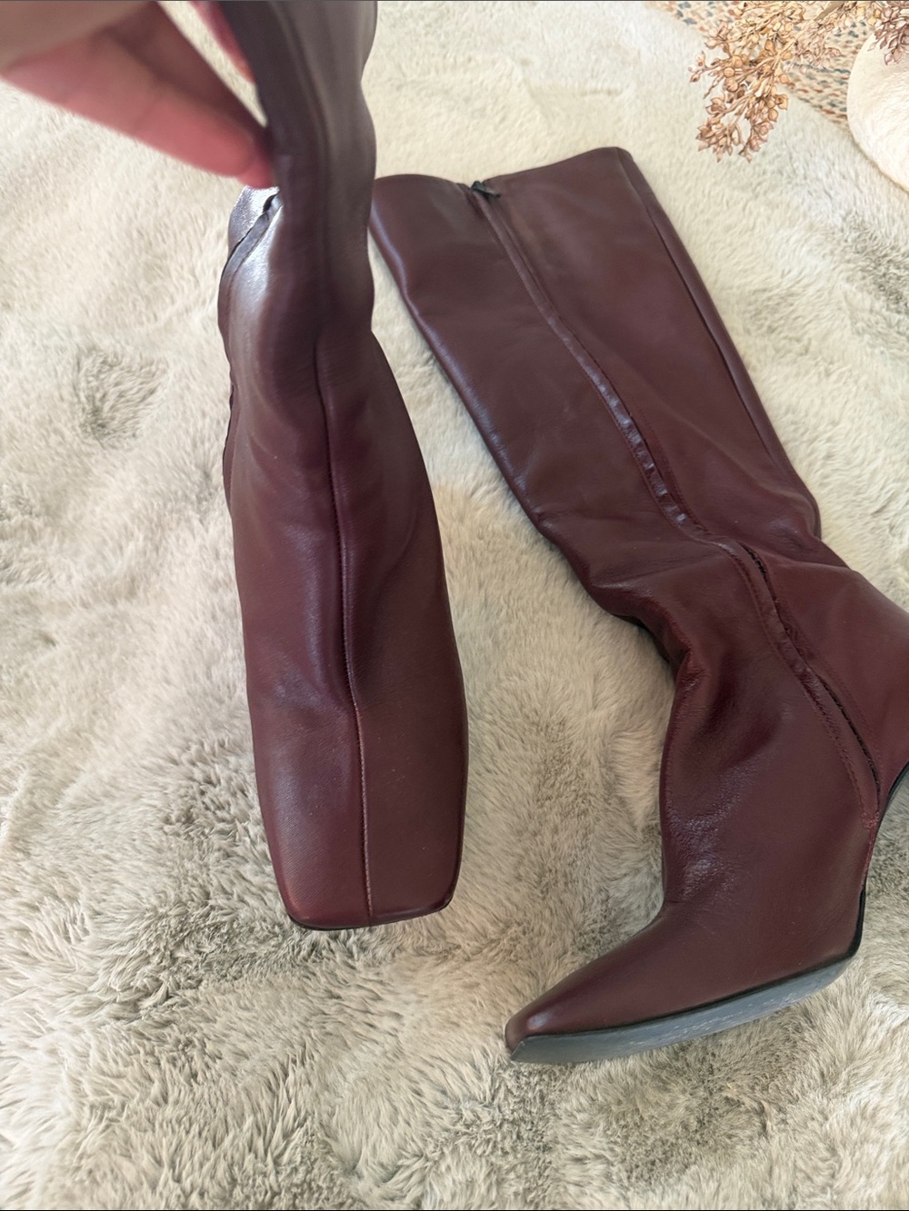 Zara Burgundy Knee-High Square-Toe Heeled Boots - Picture 2 of 5